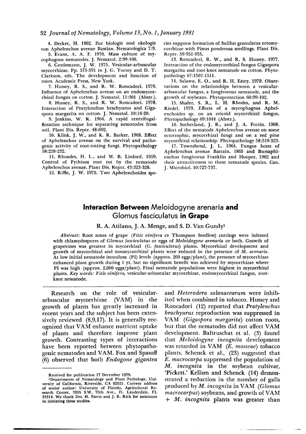 52 Journal of Nematology, Volume 13, No. 1, January 1981 4. Decker, H. 1962. Zur biologic und okologie von Aphelenchus avenae Bastian. Nematologica 7:9. 5. Evans, A. A. F. 1970. Mass culture of my.