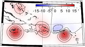 (a) (b) Figure 14 shows track forecast errors for hurricane Dean. Data assimilation of both GPS PWV and COSMIC refractivity shows the best track forecast in the experiment as shown in Table 2.