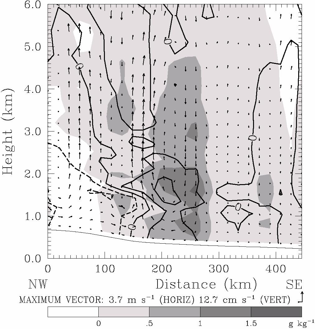 differences in water vapor mixing ratio, temperature, and 3-dimensional circulation vectors before and after minimization in the vertical cross section along the line AA in Fig. 3b.