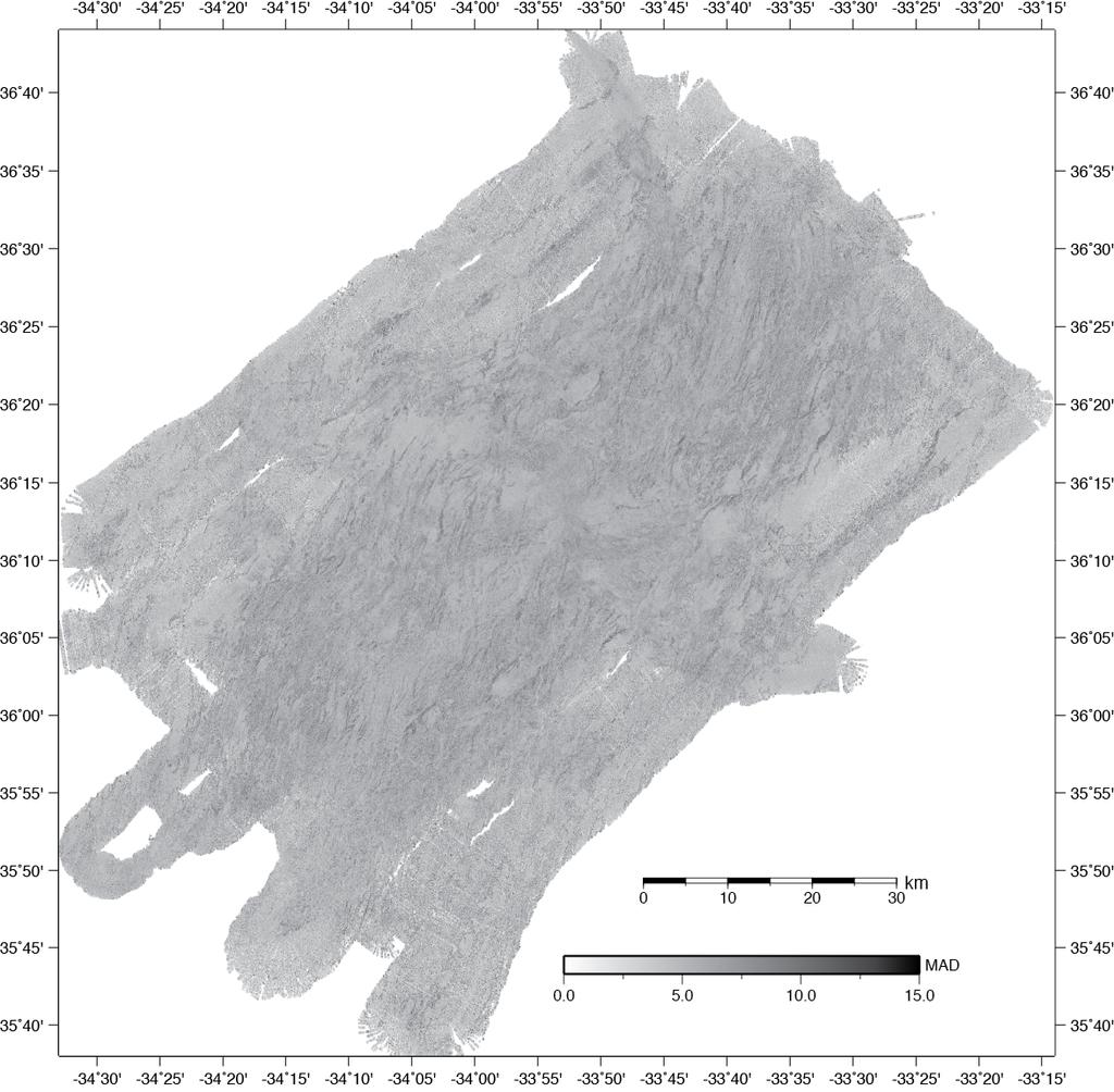 Figure S2. Spread of the sonar data used in the creation of the backscatter sonar image (Figure 3 of the main text).
