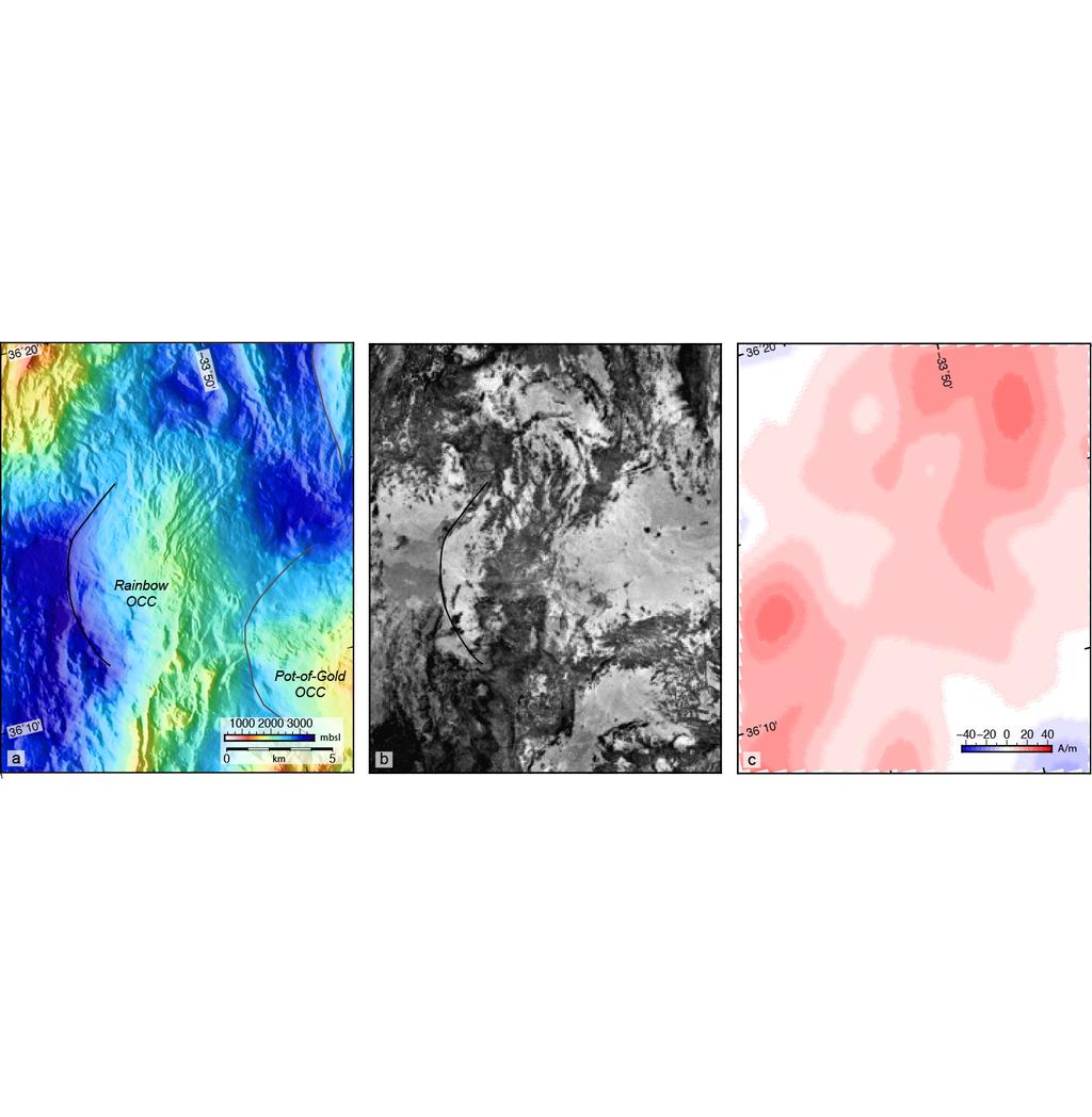 Figure S7. Maps of (a) bathymetry, (b) intrinsic backscatter, and (c) seafloor magnetization of the Rainbow massif area.