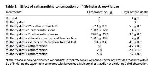 Catharanthine is toxic to insect larvae (silk worm)