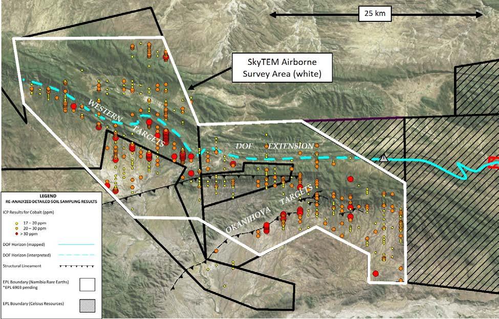 3 carried out at a flight line spacing of 200 meters across the entire belt covering the interpreted DOF Extension, Western Targets and Okanihova Targets which includes the Steilrand hydrothermal