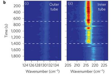 Evidence of filling and phase transition of water inside CNTs b, Temporal study of the RBM frequency.