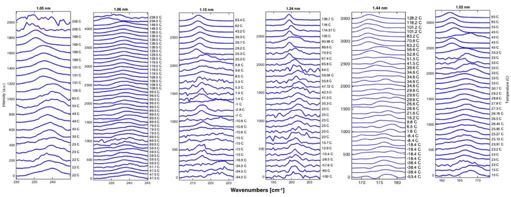 The complete micro-raman spectroscopic dataset (RBM frequency vs. intensity) used for the analysis of the phase transition temperature for the 6 CNTs (Finite-width Heaviside function in Fig. 2b).