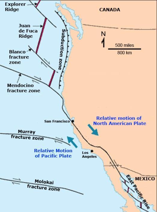 Although both plates are moving in a north westerly direction, the Pacific Plate is moving faster than the North American Plate, so the relative movement of the North American Plate is to the south