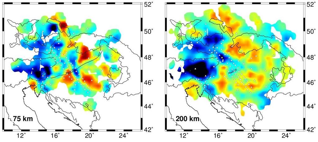 Maps of P-wave velocity variation in upper mantle of Carpathian-Pannonian Region 75 km: isolated slow anomalies related to Miocene volcanism and basin depocentres 200 km: