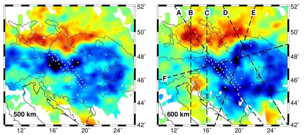 Maps of P-wave velocity variation in upper mantle of Carpathian-Pannonian Region 500 km: Pannonian fast anomaly