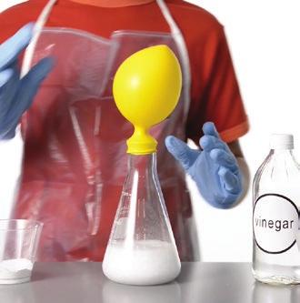 A student measures baking soda into a balloon, attaches the balloon to the top of a flask containing vinegar, and empties the baking soda into the flask. 14.