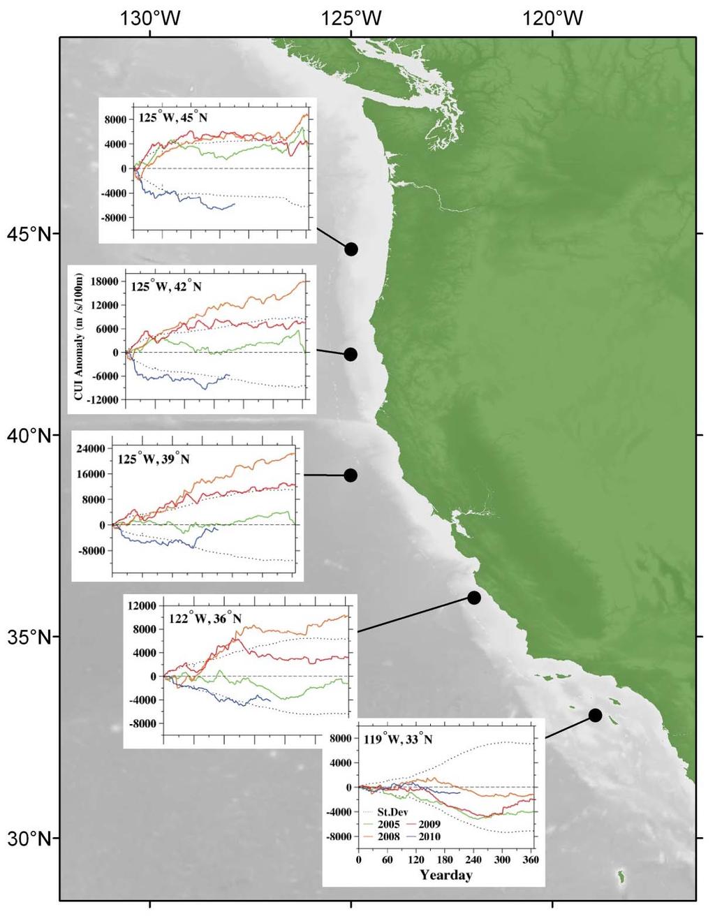 Figure 33. Map of the California Current cumulative upwelling index anomaly locations and trends.