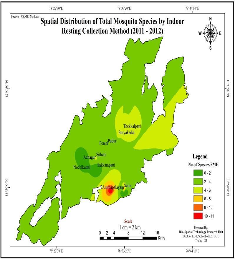 The result obtained from their study was used for the spatial distribution analysis by converting non-spatial data of mosquito abundance into spatial form. The maps are presented in Fig. 6 9.