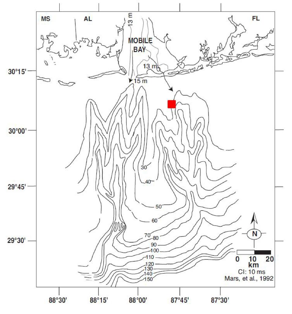 Time structure map of MIS (Marine Isotope Stage) 2 sequence boundary. Redbox shows approximate location of study site. Modified from Bartek et al., (2004).