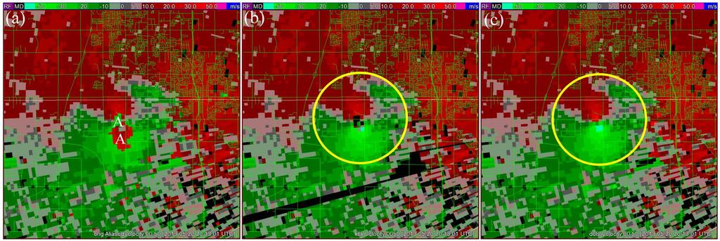 Fig. 2. (a) Image of raw radial velocity (superimposed on the Moore city street map plotted by bright green lines) scanned from KTLX radar on 0.