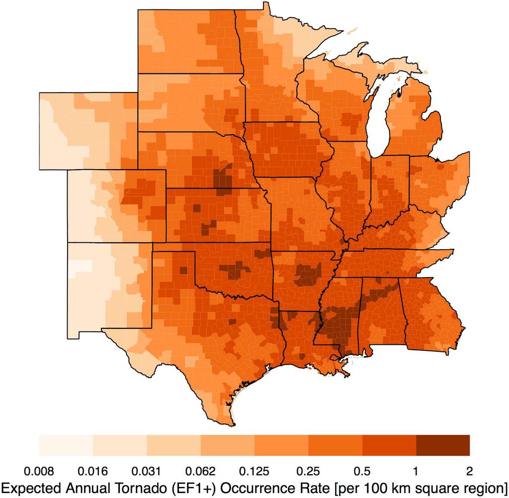 Fig 10. Expected annual tornado (EF1+) occurrence rates per 100 square kilometers. doi:10.1371/journal.pone.0166895.g010 the Mid South centered on Tennessee show the most statistical significance.