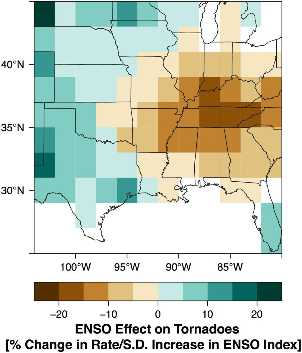 Fig 11. Short-term view. ENSO effect on tornadoes. Magnitude of the effect in units of percentage change in tornado rate per standard deviation (s.d.) increase in the springtime (Mar May) value of the bi-variate ENSO index.