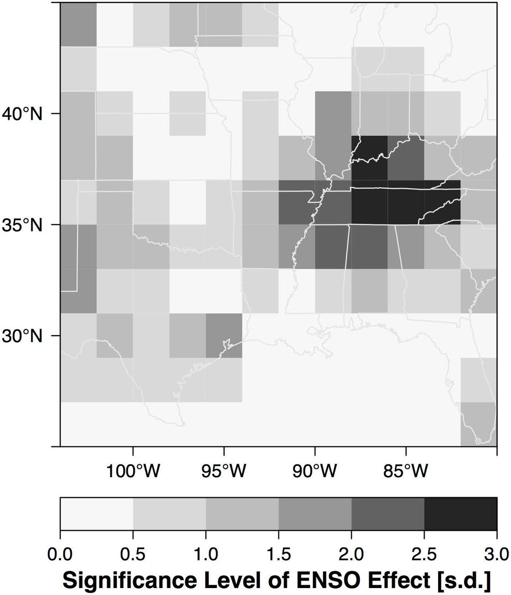 Fig 12. Significance of the ENSO effect on tornadoes in units of standard deviation. doi:10.1371/journal.pone.0166895.