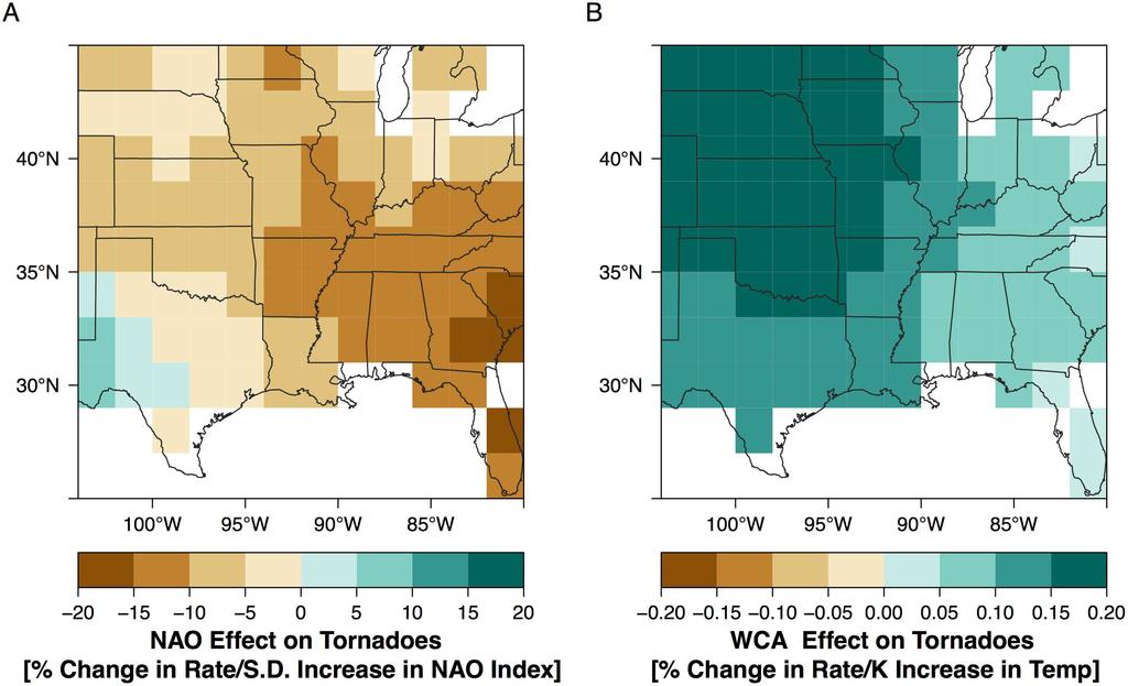 Fig 13. NAO and WCA effect on tornadoes. (A) Magnitude of the NAO effect in units of percentage change in tornado rate per s.d. increase in the springtime (Apr Jun) value of the NAO index.