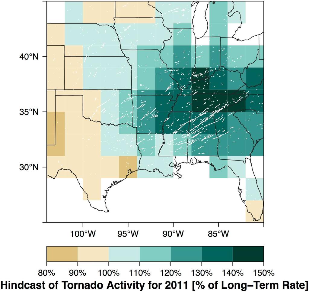 Fig 14. Hindcast of the 2011 tornado year. The straight-line tracks of all tornadoes during that year are shown in white. doi:10.1371/journal.pone.0166895.