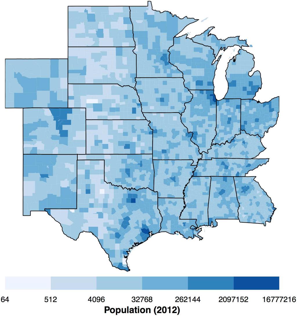 Fig 1. County population in 2012. doi:10.1371/journal.pone.0166895.g001 extracted using the state Federal Information Processing Standard (FIPS).