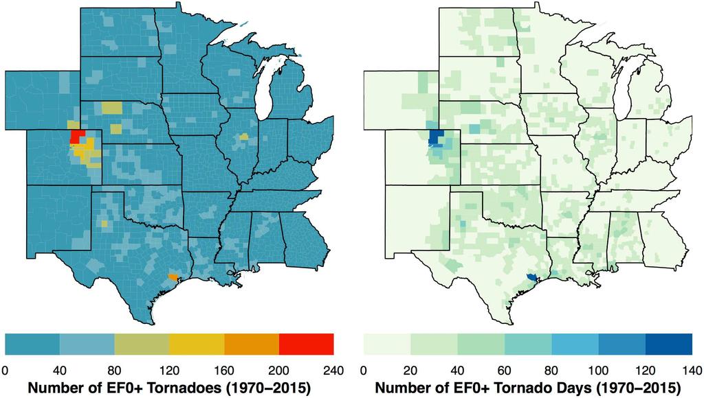 Fig 3. Number of tornadoes 1970 2015 (left) and number of days with at least one tornado. doi:10.1371/journal.pone.0166895.g003 tornadoes and more tornado days.