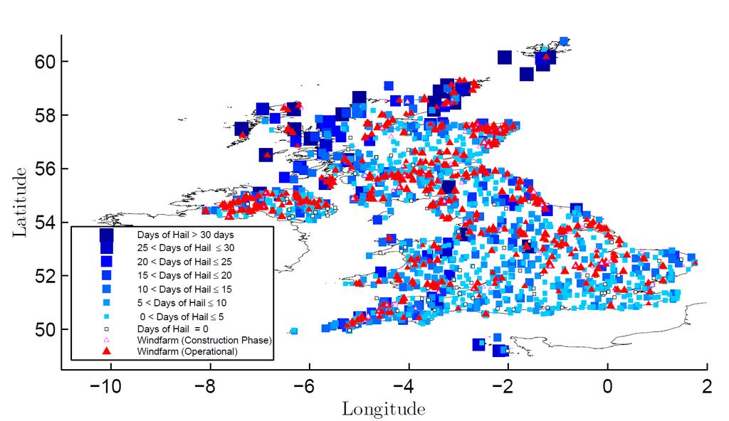 MIDAS - Geographical Spread Majority of stations subject to 0 < hail days 5 per year on average