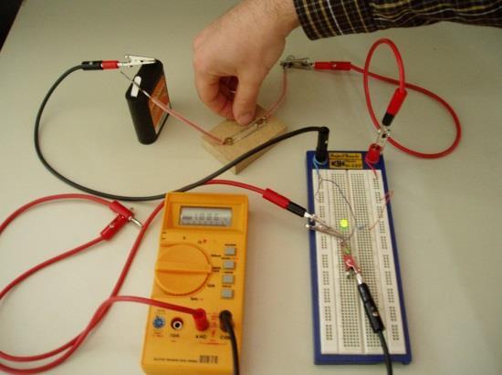 Students measure, using a voltmeter, the voltage across the leads of the LED (Figure 10). (A typical answer given for the above measurement and for red LED is V= 1.77 Volt). C.