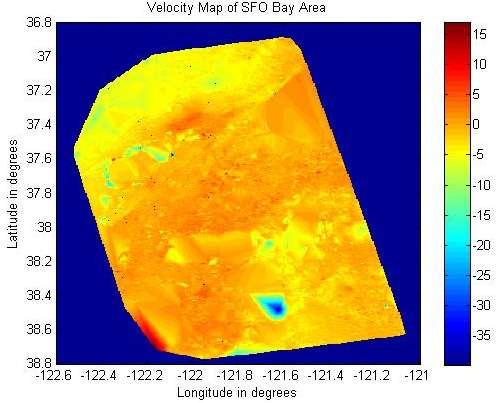 Figure 6b: Number of days vs the epochs at which the satellite took its readings Figure 7: Velocity field of the San Francisco Bay area found by