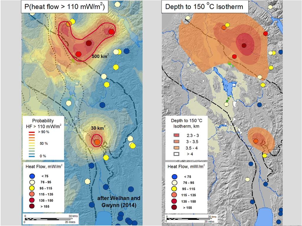 The geographic extent of the thermal resource was inferred using probability kriging around a 110 mw/m2 threshold, where the size of the thermal anomalies is