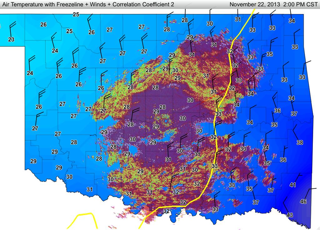 Question 5. 2PM Mesonet surface temperatures, freezing line (yellow), and winds plus radar Correlation Coefficient 2 are shown below in the top image.