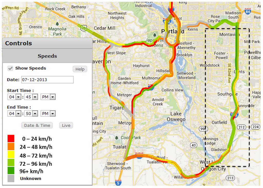 Huber, Bogenberger, Bertini FIGURE 1 4 Map of Portland providing real time traffic information to compare the provided traffic data to an approximation of the real traffic situation which takes the