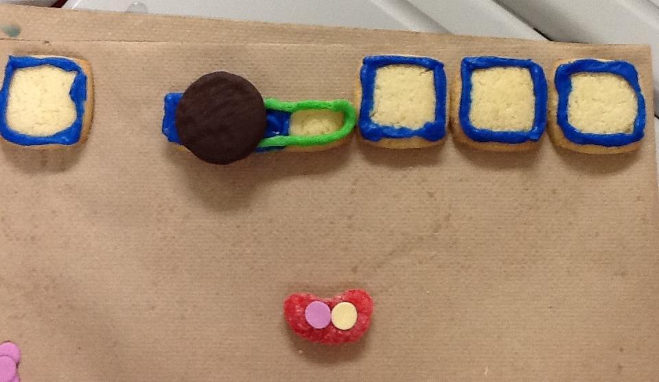 Figure 2 Lac operon in induced state. Shortbread cookies lined in blue (from left to right) Lac 1 gene, Lac z gene, Lac y gene and Lac a gene.