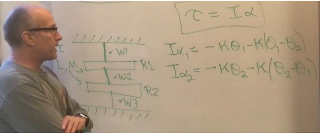 Then once I solved that, I went on to two rods and three wires: We call these coupled differential equations, because as you can see the derivative of θ1 involves θ2 and the derivative of the θ2