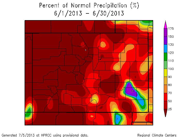 PRECIPITATION WELL BELOW NORMAL LAST MONTH June was extremely dry across Colorado as high pressure dominated the weather pattern over the central Rockies.
