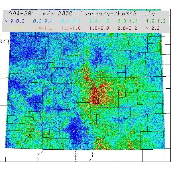 The following map may be a little difficult to see, but it shows the most common places for cloud-to-ground lightning strikes in Colorado during the month of July.