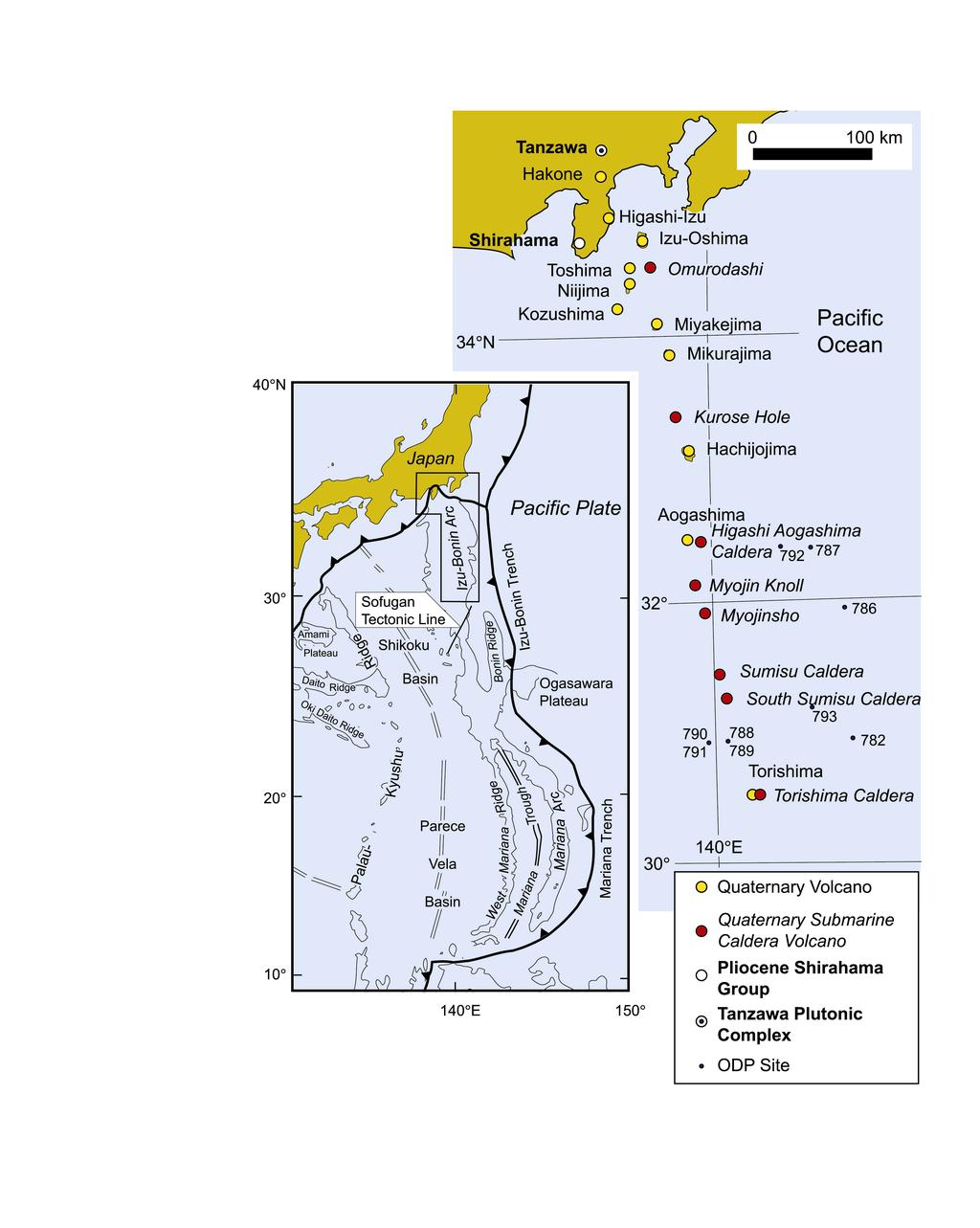 Fig. 1 Map showing the 11 Quaternary volcanoes, 8 Quaternary submarine caldera volcanoes with which this study is concerned and the location of the Mio-Pliocene Shirahama Group and the Miocene