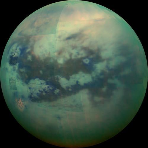 This composite image shows an infrared view of Saturn's moon Titan from NASA's