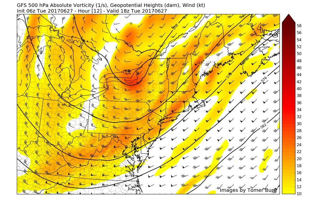Shown 500hPa height, wind, and vorticity(filled) from the 6z GFS run valid for 18z today The upper level trough has created a local