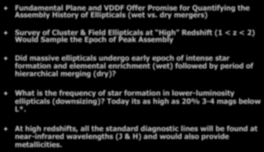 Spectroscopic Survey of Elliptical Galaxies Fundamental Plane and VDDF Offer Promise for Quantifying the Assembly History of Ellipticals (wet vs.