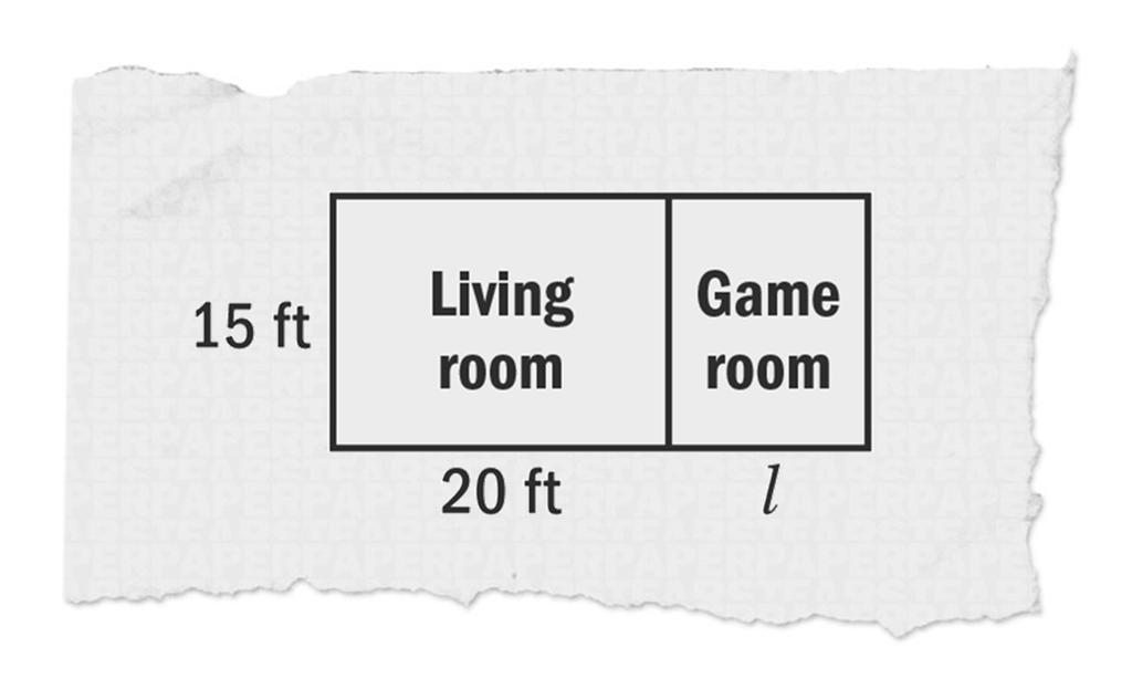 8. Logan is building a game room adjacent to his living room so that both rooms will have the same width.