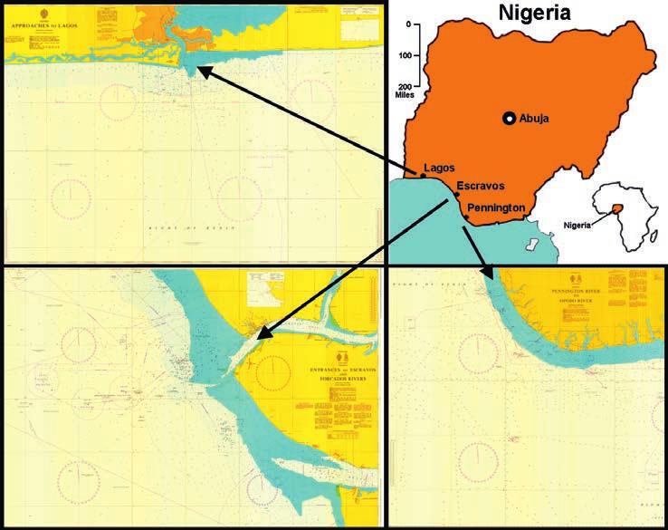 Figure 1: (top right) Outline map of Nigeria, (top left) Admiralty Chart of Lagos, (bottom right) Admiralty Chart of Escravos, and (bottom left) Admiralty Chart of Pennington (charts shown with