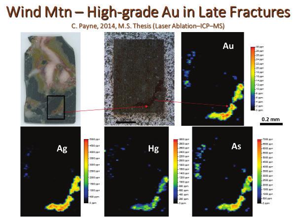 A recent study of Wind Mountain gold and silver mineralization demonstrates that very high concentrations of gold (15 to +30g/t) occur within small fractures (see