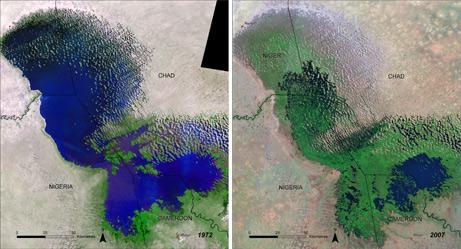 June 11, 2008 Satellite images from 1972 (left) and 2007 (right) show water-level decline in Lake Chad, once the
