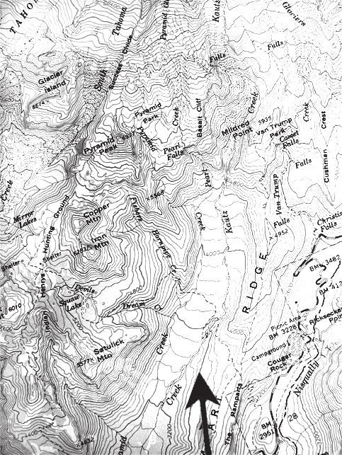 Examine photo and map 1a, Rampart Ridge as viewed from the southeast at Longmire.