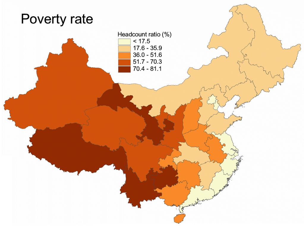 1D China: Lagging areas have high poverty rates, but leading areas have most of the