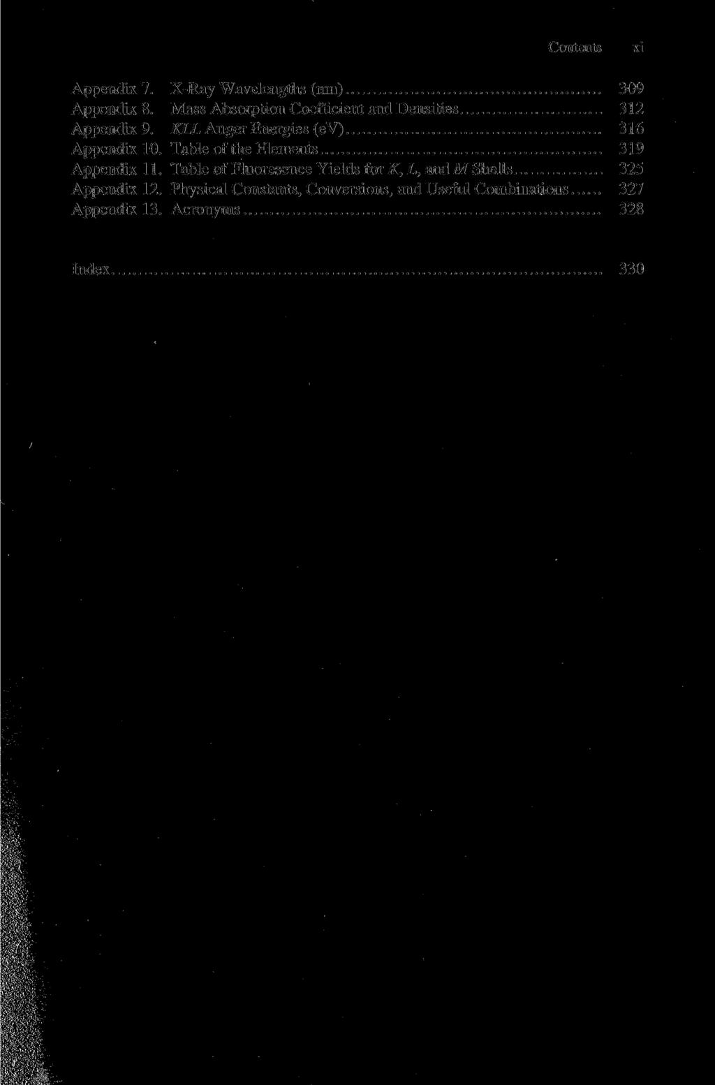 Contents xi Appendix 7. X-Ray Wavelengths (nm) 309 Appendix 8. Mass Absorption Coefficient and Densities 312 Appendix 9. KLL Auger Energies (ev) 316 Appendix 10.
