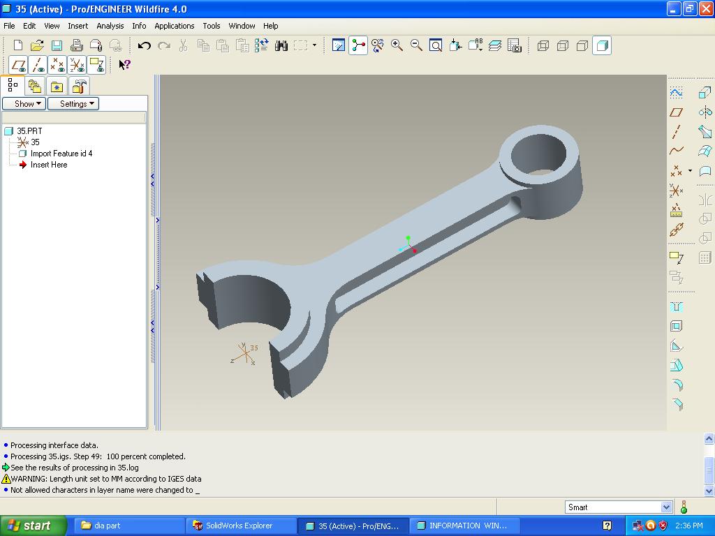 A geometrical model of H-section connecting rod as shown in Fig.2 was generated using Pro-E Designing Software. The H-section connecting rod weight as measured on a weighing scale is 1705 grams.