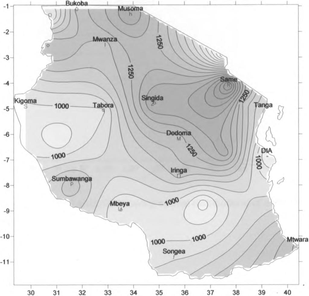 1 Spatial Distribution of Rainfall The spatial distributions of annual rainfall over Tanzania