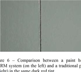 Picture 6 Comparison between a paint based on THERM system (on the left) and a traditional paint (on the right) in the same dark red tint Picture 7 Thermographic image of the comparison between paint