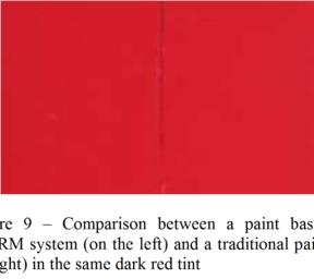Picture 9 Comparison between a paint based on THERM system (on the left) and a traditional paint (on the right) in the same dark red tint Picture 10 Thermographic image of the comparison between