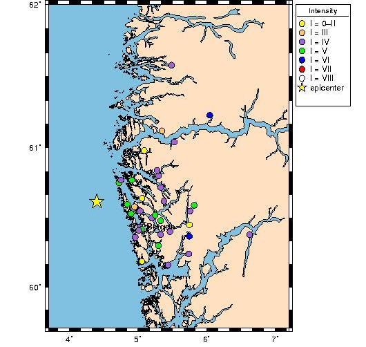Figure 20. Macroseismic map of the March 24, 2012 earthquake southwest of Fedje, Hordaland. The reported intensities have not been manually evaluated. 5.